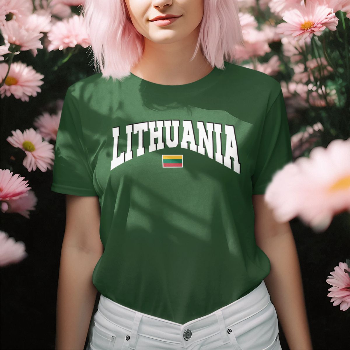 Tamsiai žali UNISEX marškinėliai "Lithuania with flag“