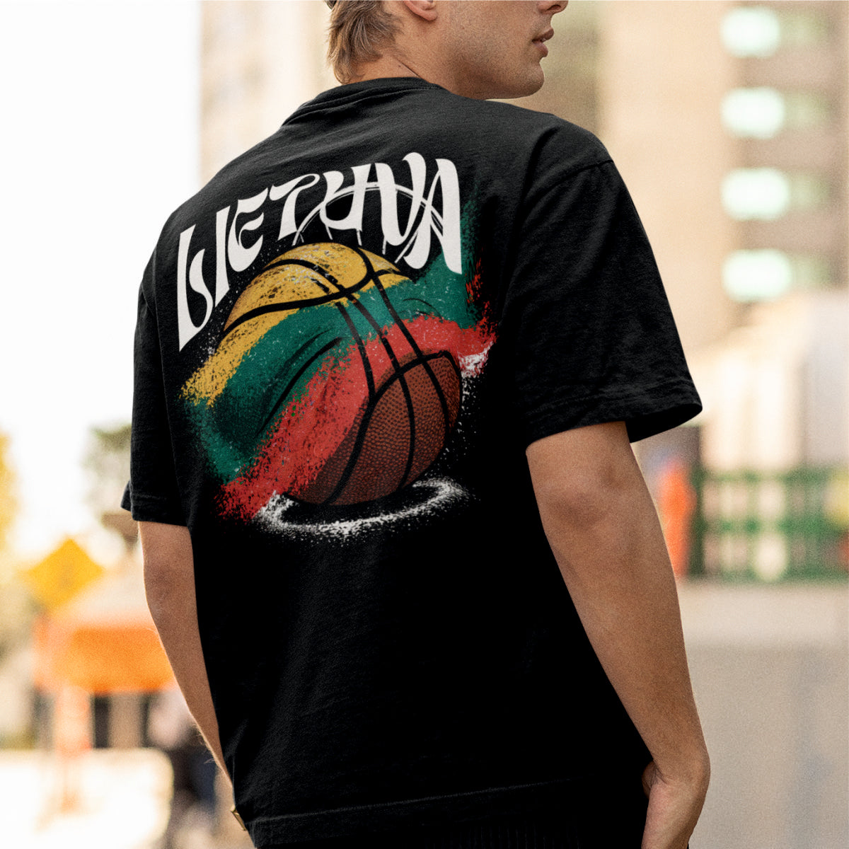 Juodi OVERSIZED marškinėliai su spauda ant nugaros "Lietuvos krepšiniui"