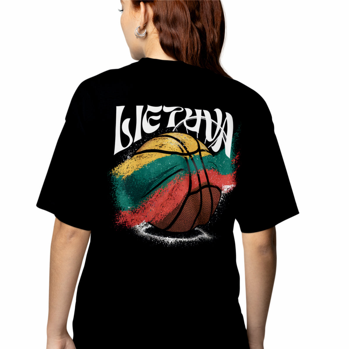 Juodi OVERSIZED marškinėliai su spauda ant nugaros "Lietuvos krepšiniui"