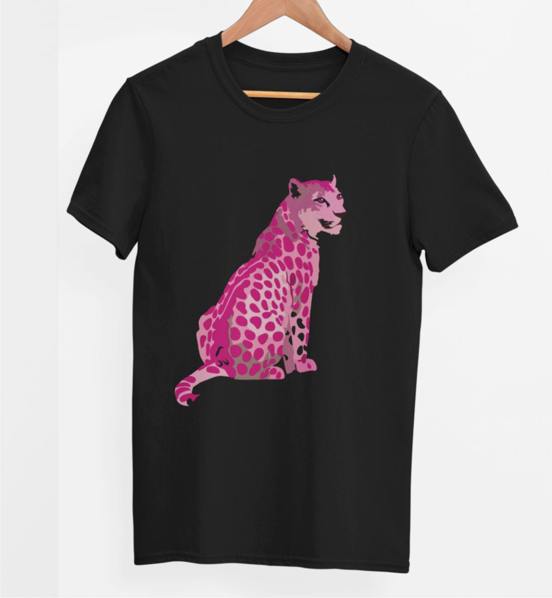 Juodi UNISEX marškinėliai "Pink leopard"