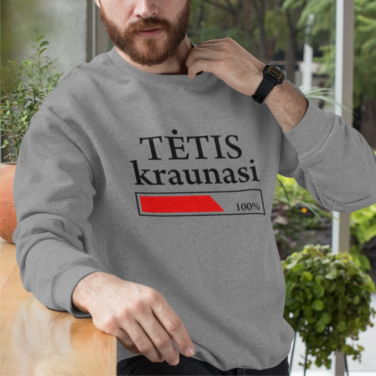 Pilkas melanžinis džemperis be gobtuvo "Tėtis kraunasi"