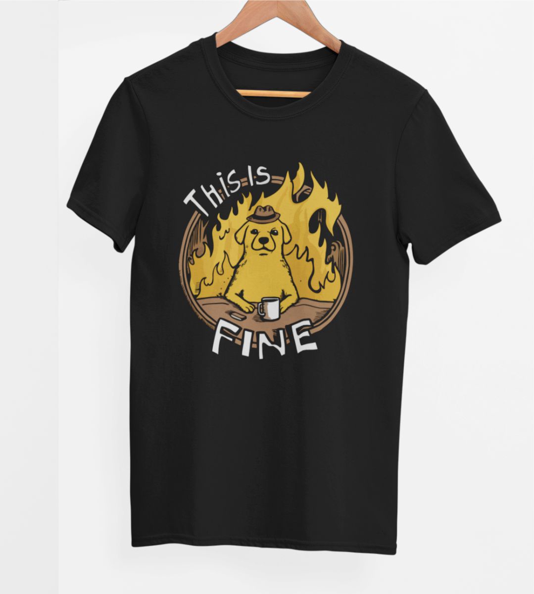 Juodi UNISEX marškinėliai "This is fine"