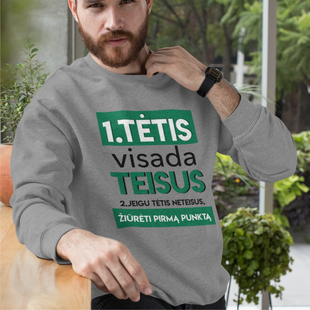 Pilkas melanžinis džemperis be gobtuvo su užrašu "Tėtis visada teisus"