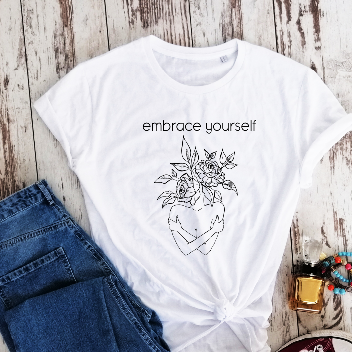 Balti 100% medvilnės marškinėliai "Embrace yourself"