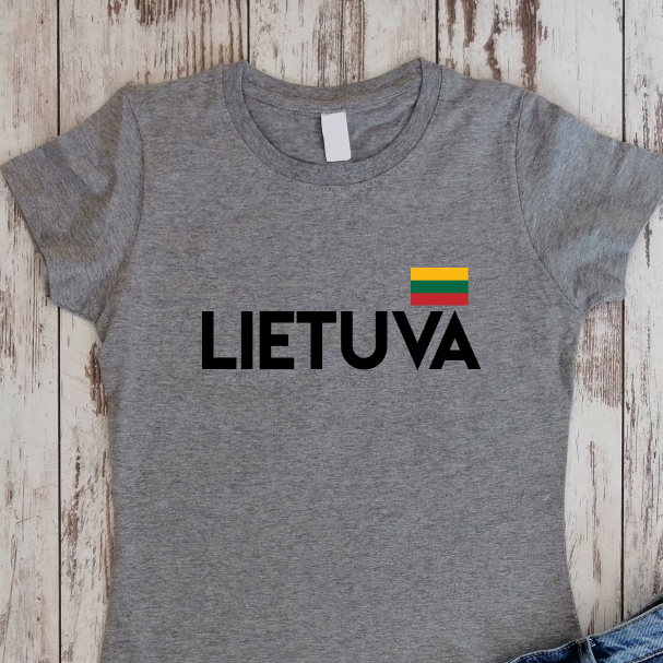 Pilki moteriški marškinėliai "Lietuva su maža vėliava"