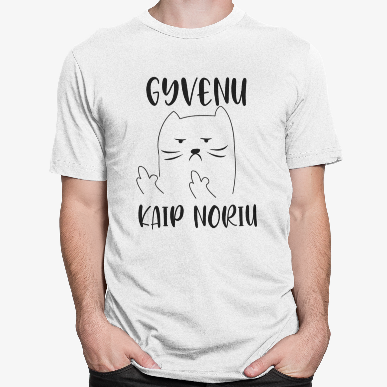 Balti UNISEX marškinėliai "Gyvenu kaip noriu"