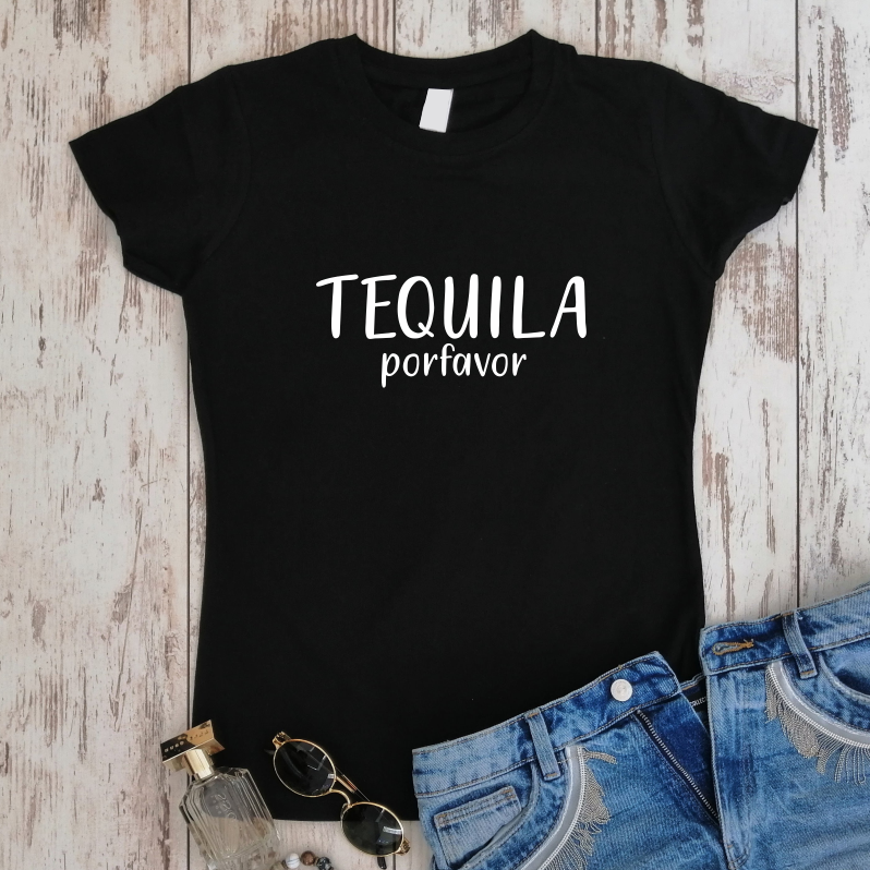 Juodi moteriški medvilniniai marškinėliai "Tequila porfavor"