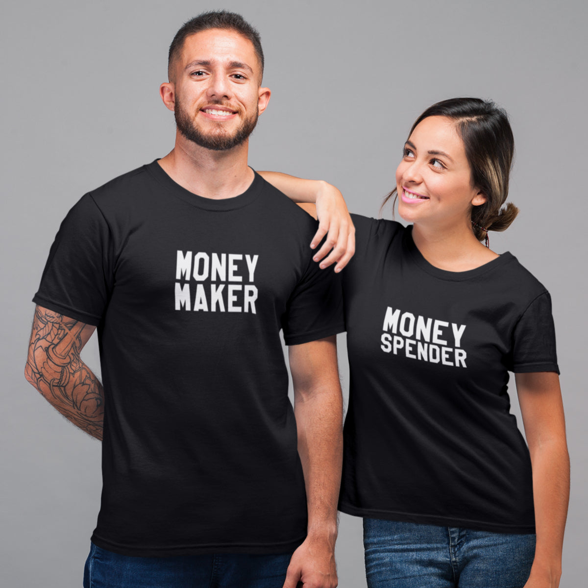 Juodi unisex marškinėliai poroms "Money maker and spender“ Moteriškas dizainas