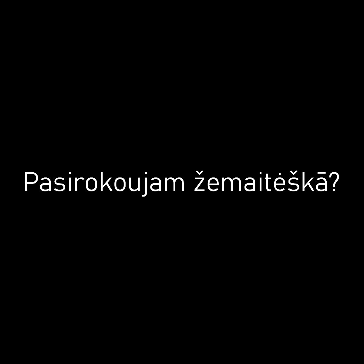 Juodas džemperis be gobtuvo su žemaitišku užrašu "Pasirokoujam žemaitėška?"