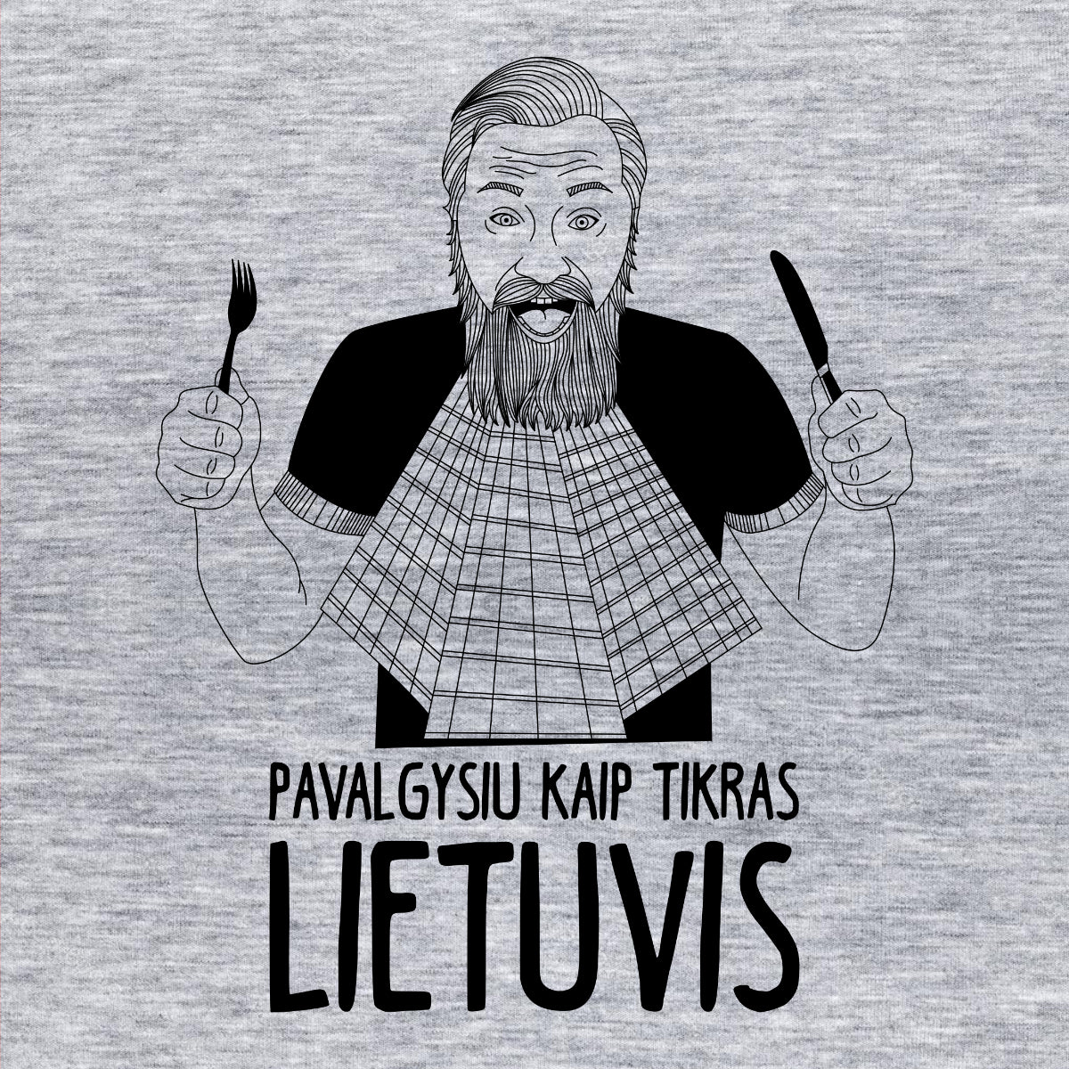 Pilkas melanžinis džemperis be gobtuvo "Pavalgysiu kaip tikras lietuvis"