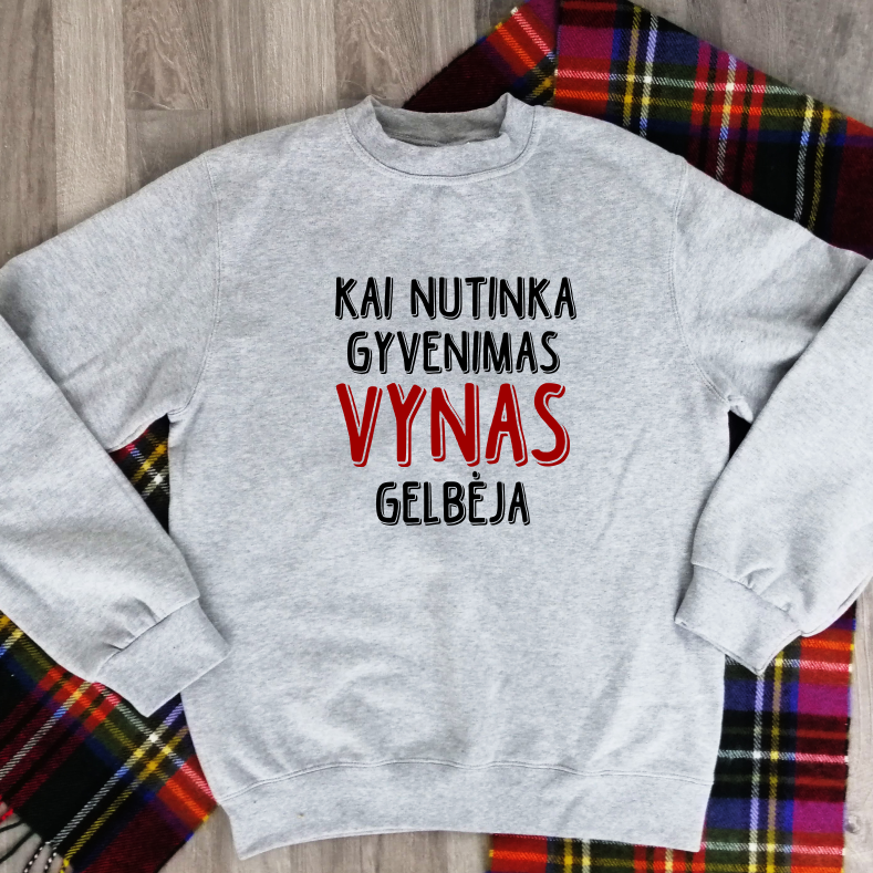 Pilkas džemperis be gobtuvo "Kai nutinka gyvenimas"