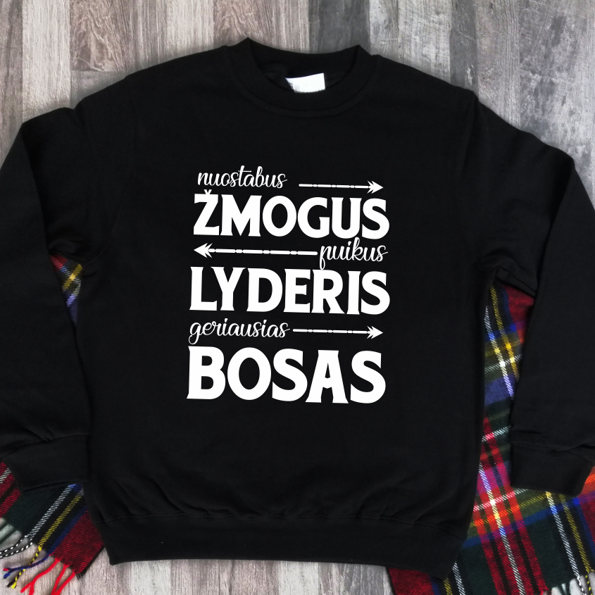 Juodas džemperis be gobtuvo "Žmogus, lyderis, bosas"